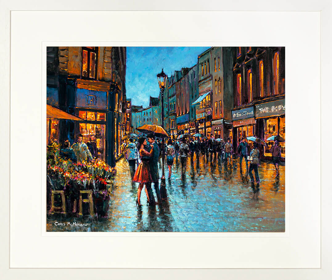 A print of a painting titled Grafton Street Moment with a cream mount and frame