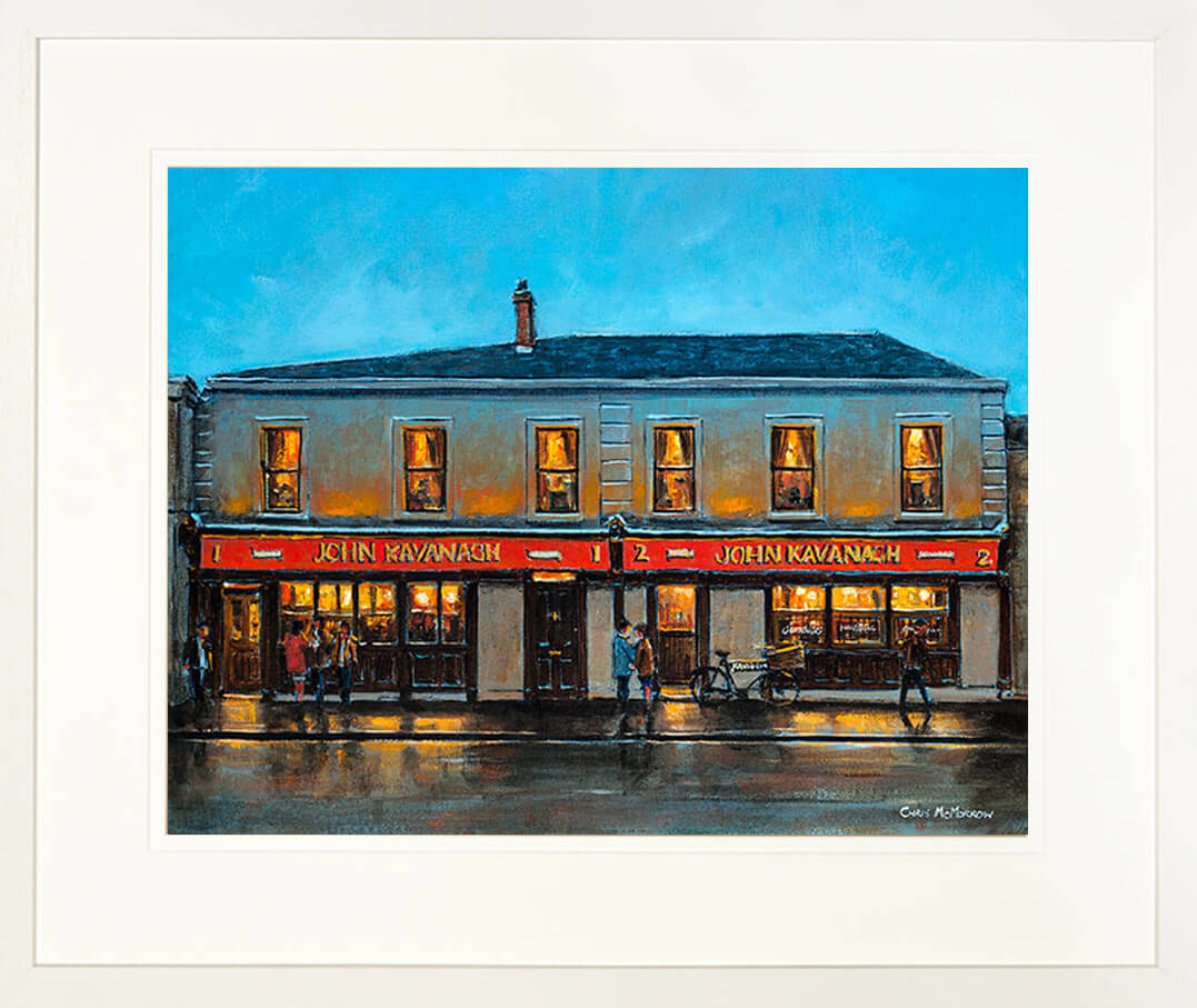 A framed print of a painting of the Gravediggers Pub in Glasnevin , Dublin