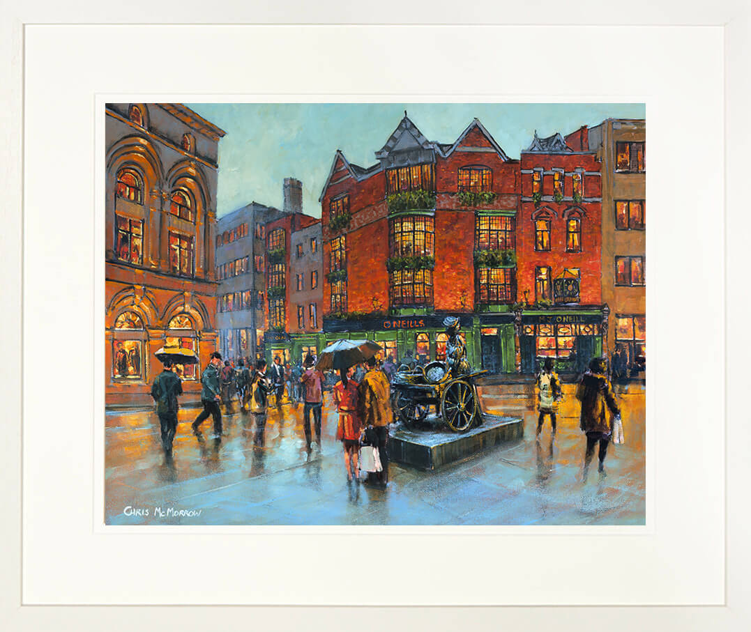 Framed print of a painting of Molly Malone and her wheelbarrow on Suffolk Street, Dublin city centre