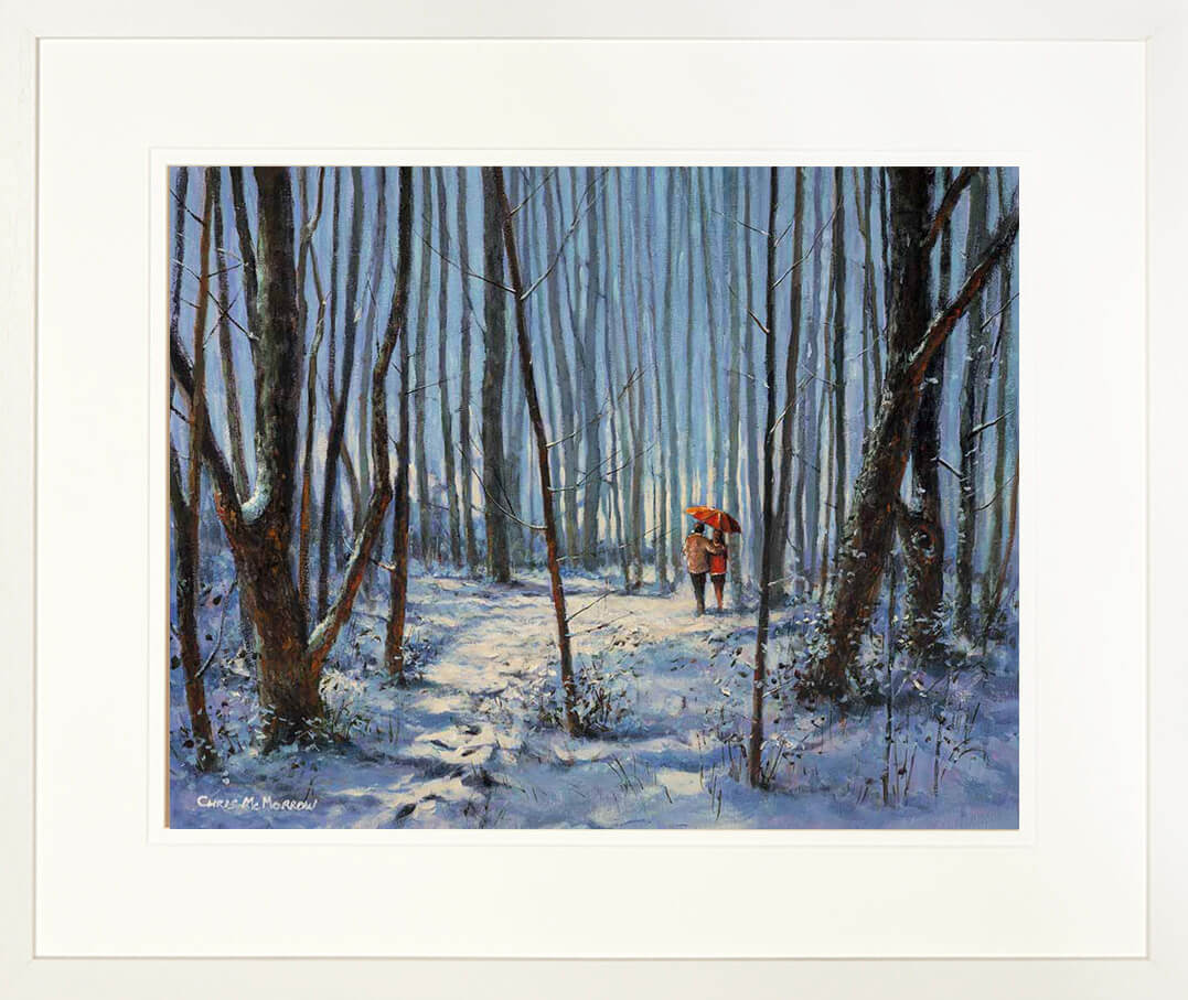 Framed print of lovers under an umbrella in a winter snowy forest
