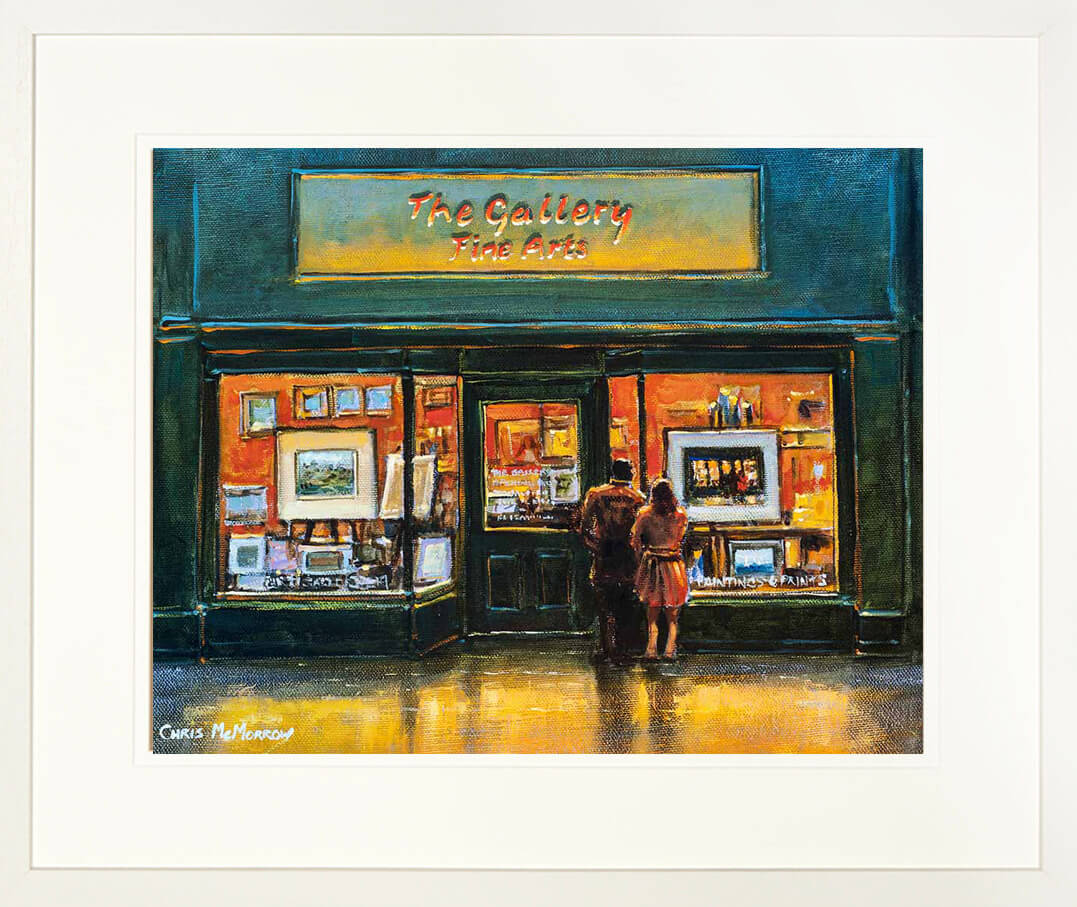 Framed print of two lovers gazing at the artwork on show in the big window of an art shop