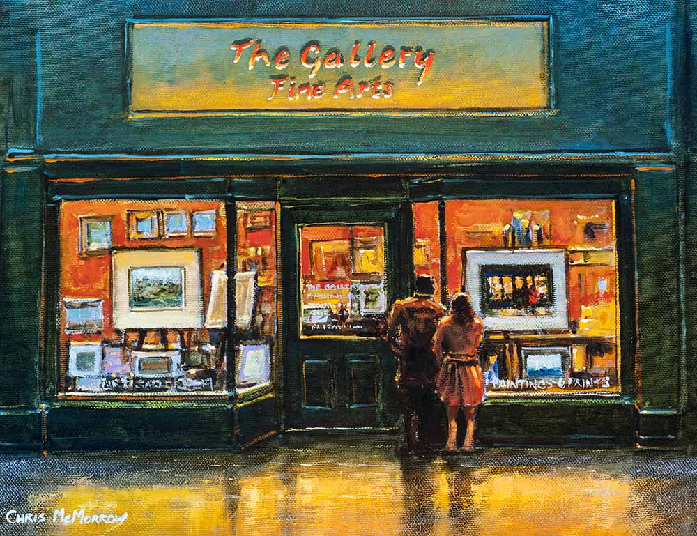 PAinting of a couple looking in an art gallery window at the paintings on display