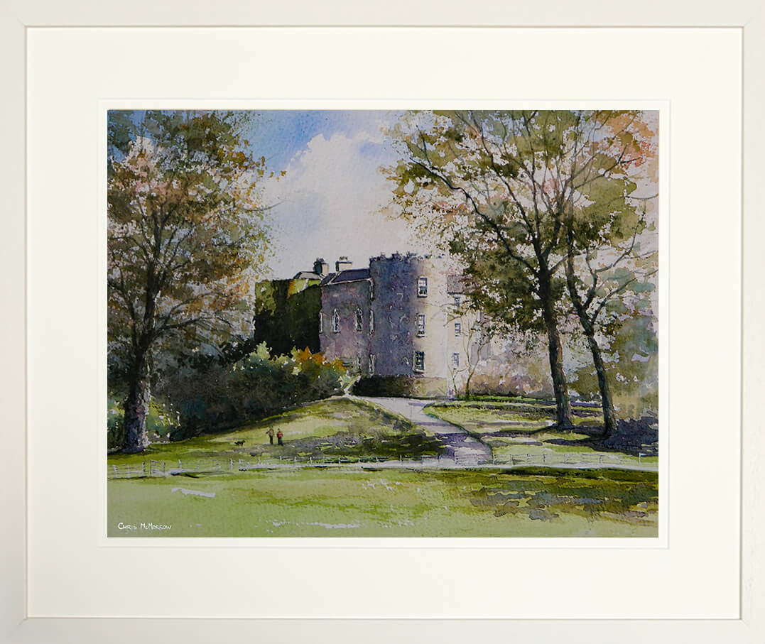 Painting of Leixlip castle surrounded by trees and greenery