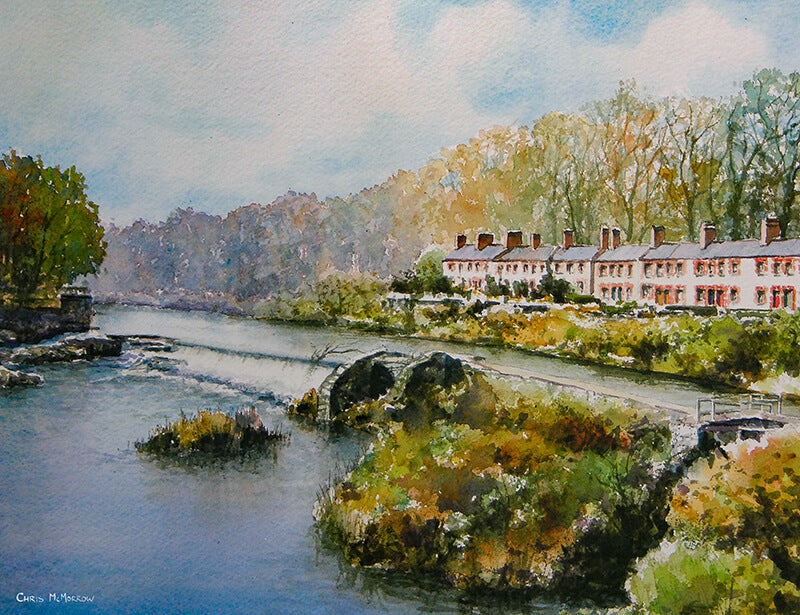 Painting of a river scene with buildings and trees