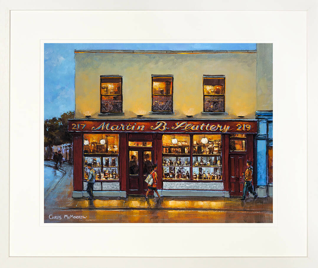 A framed print of a painting of Slatterys Bar in Rathmines, Dublin