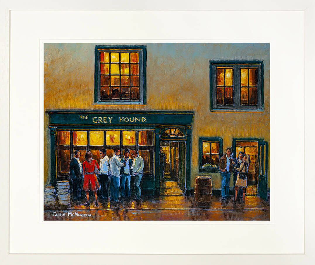 Limited edition print of a painting of customers standing outside the Grey Hound Bar in the town of Kinsale, County Cork.