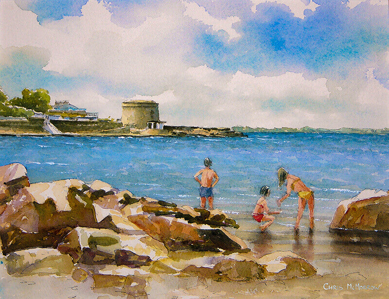Watercolour painting of Seapoint, Dublin showing bathers in the water