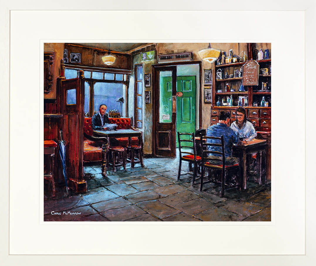 Framed print of a painting of customers enjoying an afternoon drink in The Celt Bar, Dublin city centre