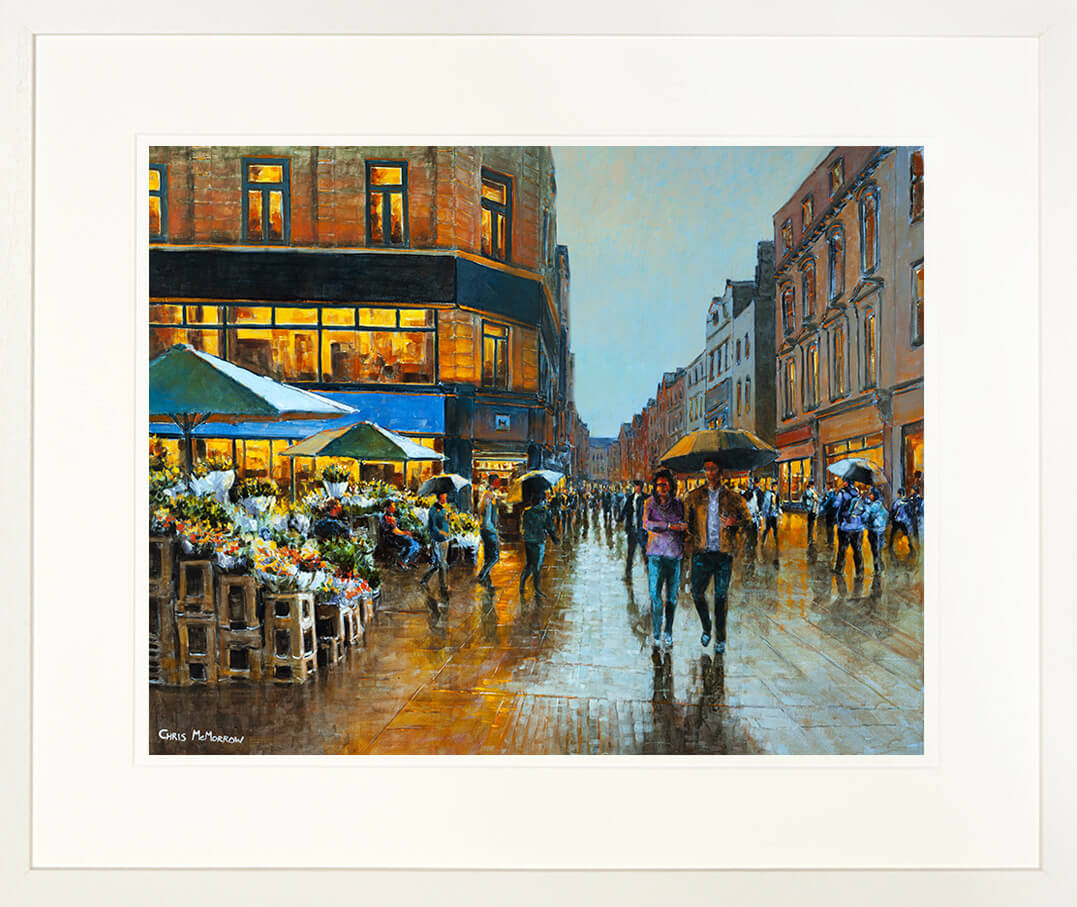 Print of a painting of a couple hand in hand on Grafton Street on a wet afternoon