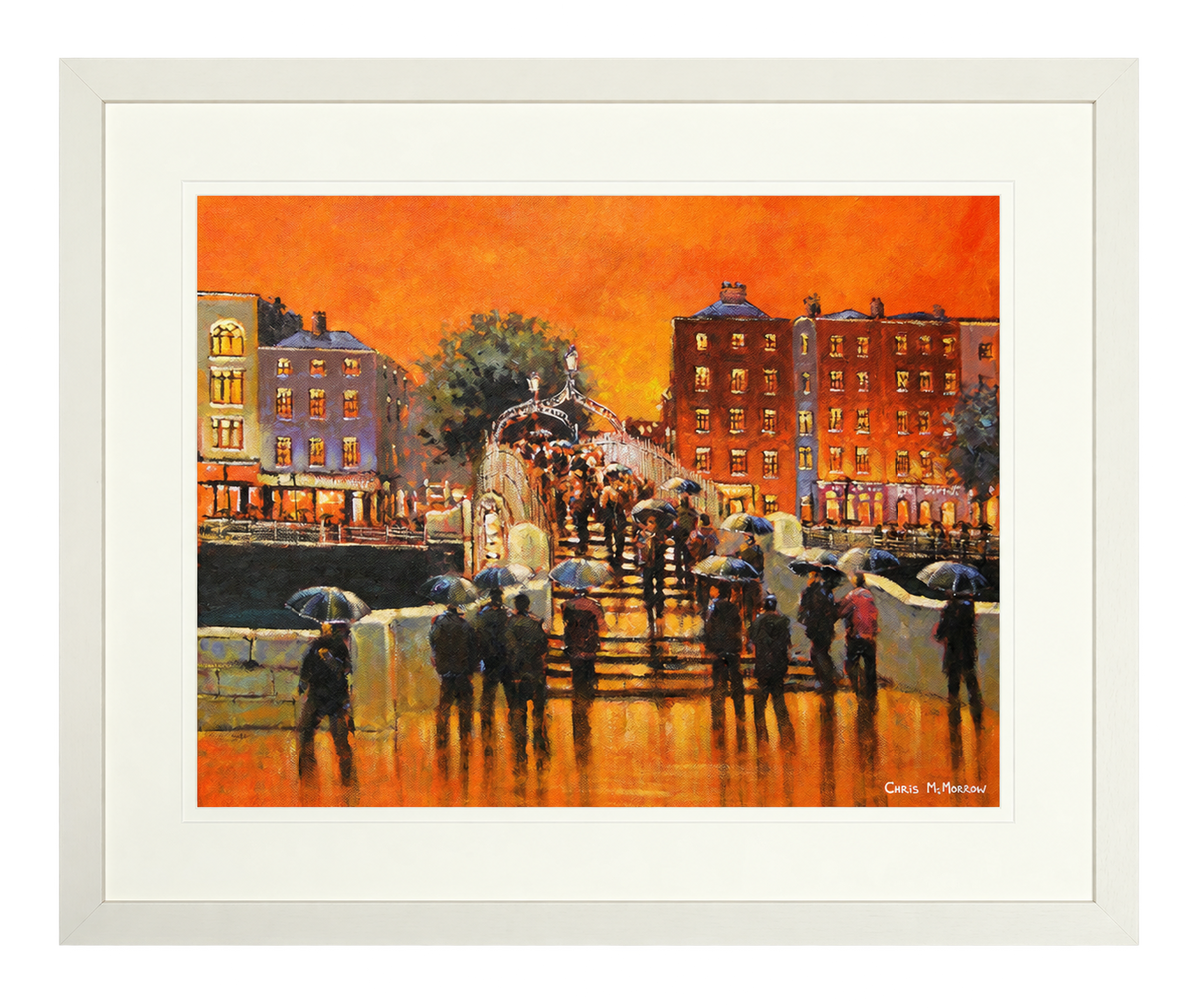 Framed print of City Glow, Ha'penny Bridge, Dublin by Chris McMorrow