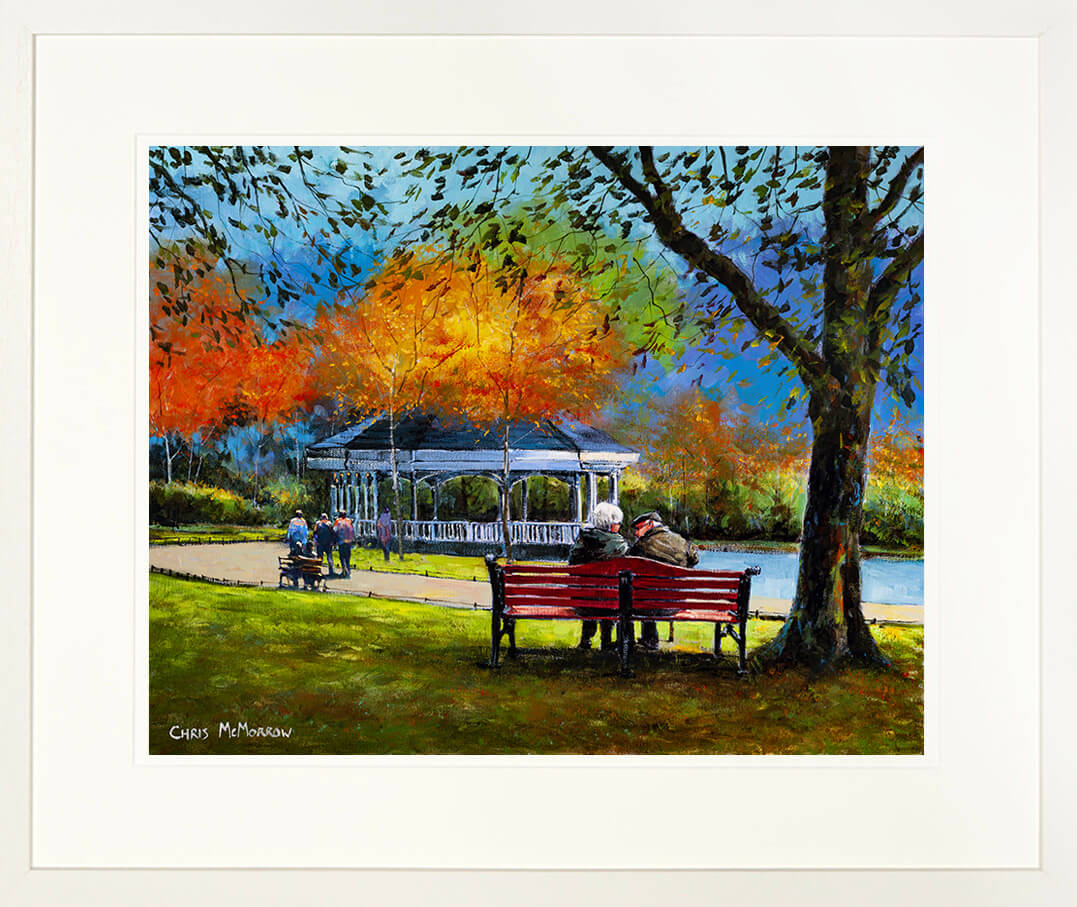 Print of an acrylic painting of an elderly couple on a bench in St Stephens Green, Dublin city centre