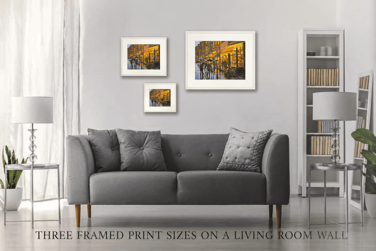 Three framed print sizes of A Coffee Haven, Wicklow Street, Dublin on a living room wall