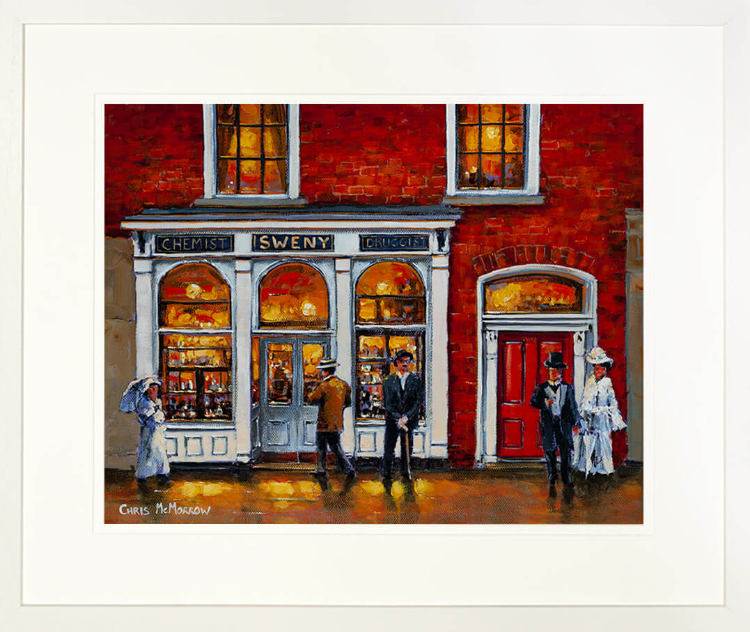 Framed print of a painting of Swenys Chemist, Westland Row, Dublin, made famous in James Joyce&#39;s &#39;Ulysses&#39; novel