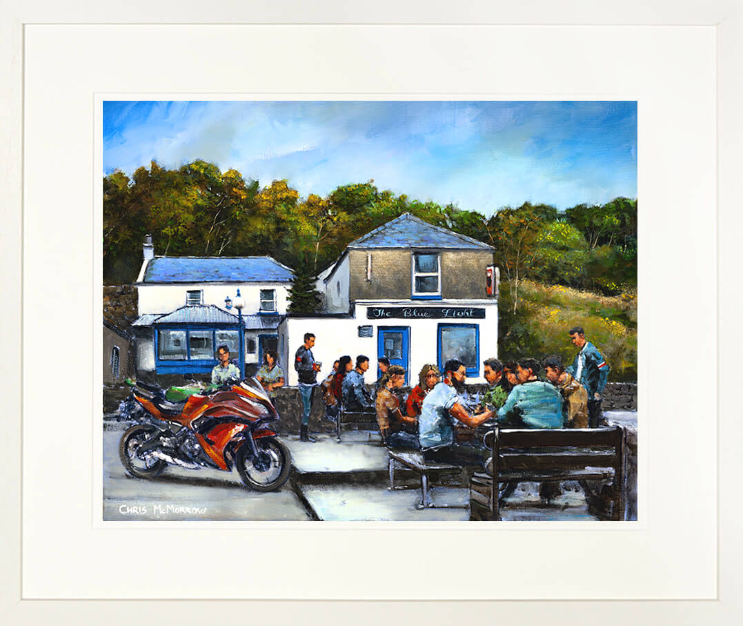 framed print of some bikers enjoying an afternoon pint outside the blue light pub in the dublin mountains