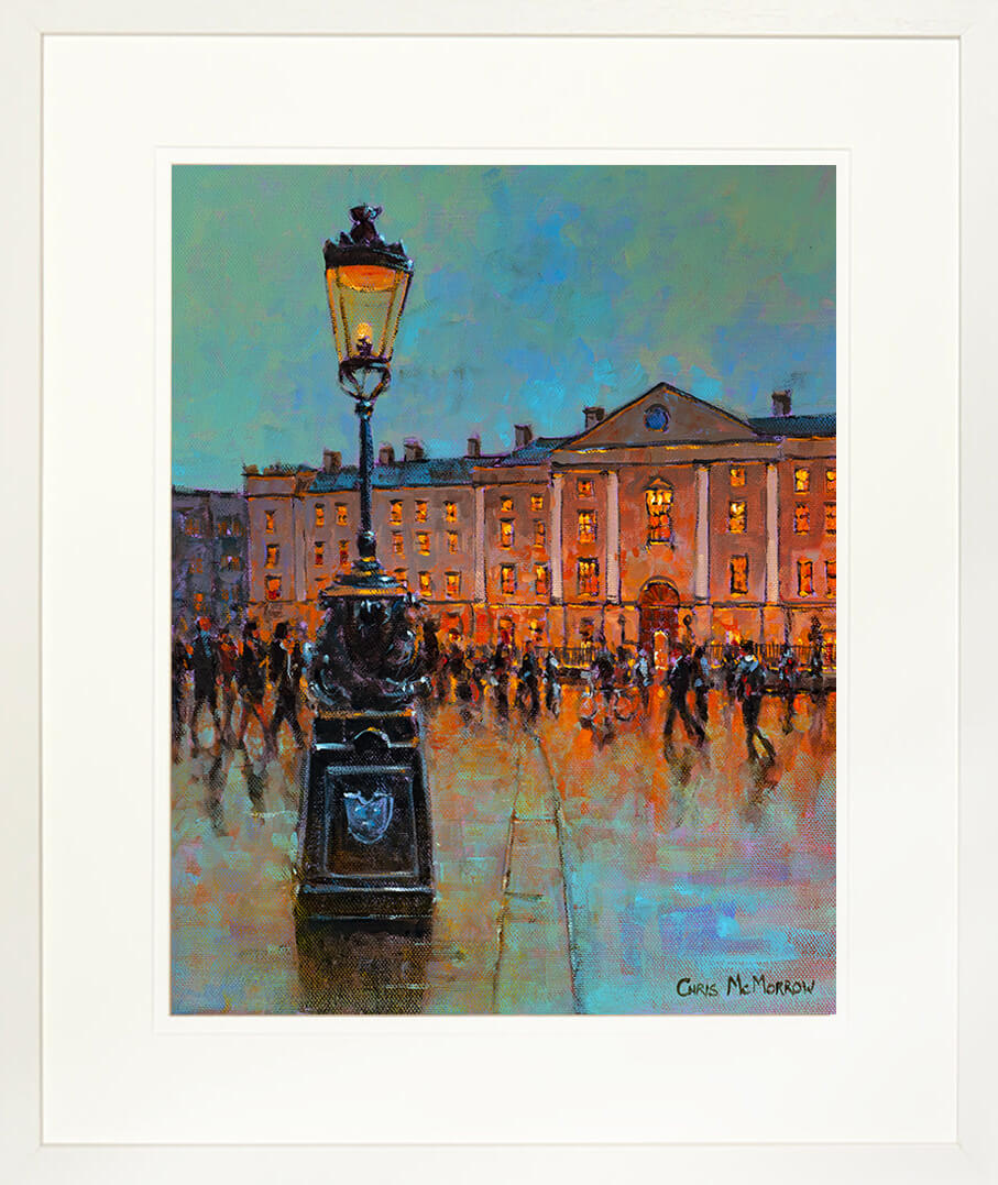 Framed print of featuring a lamppost in front of Trinity College, Dublin