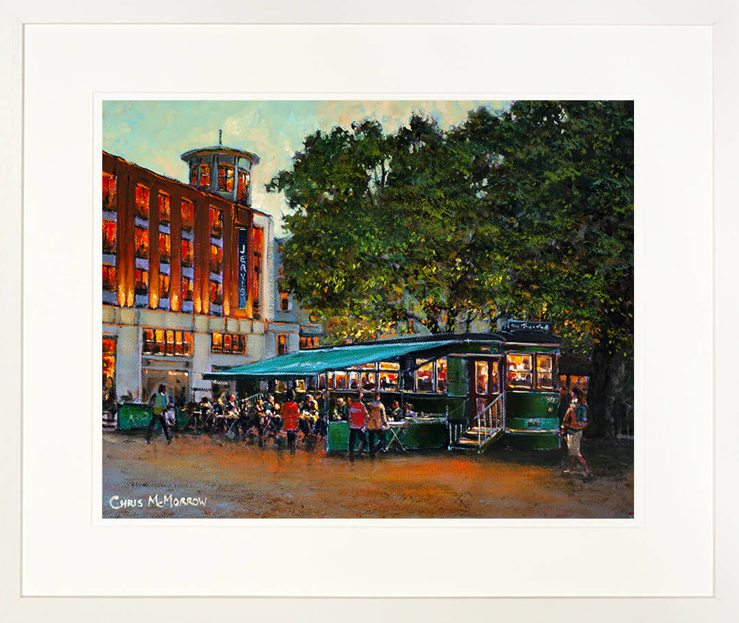 Limited edition print of a painting of the Tram Cafe, Wolfe Tone Square, Dublin