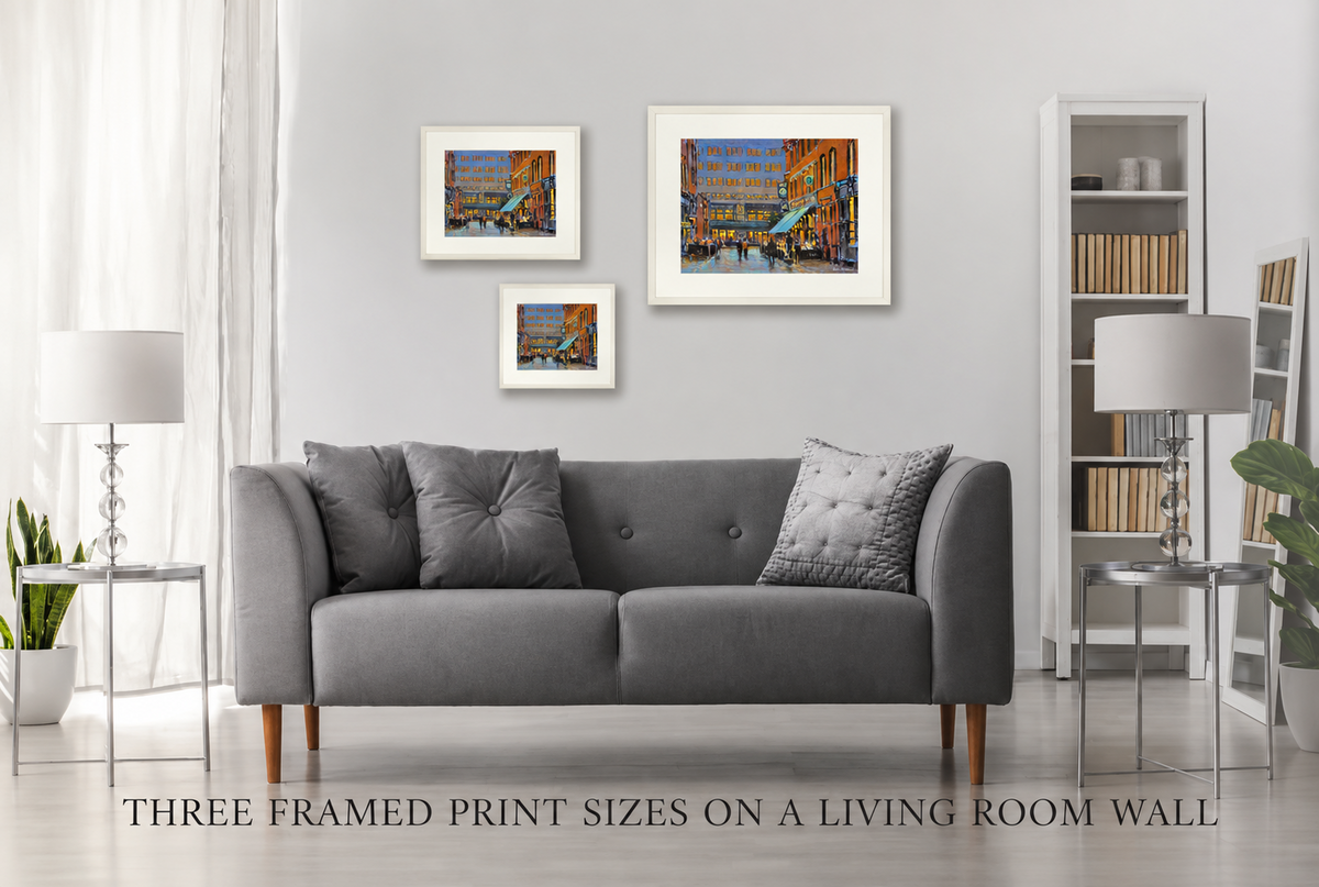 Three framed print sizes of Evening at the Westbury, Dublin on a living room wall