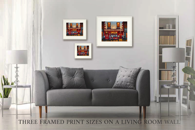Three framed prints of O&#39;Connells Bar on a living room wall