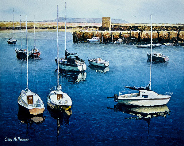 Watercolour painting of boats in dun laoghaire harbour , dublin