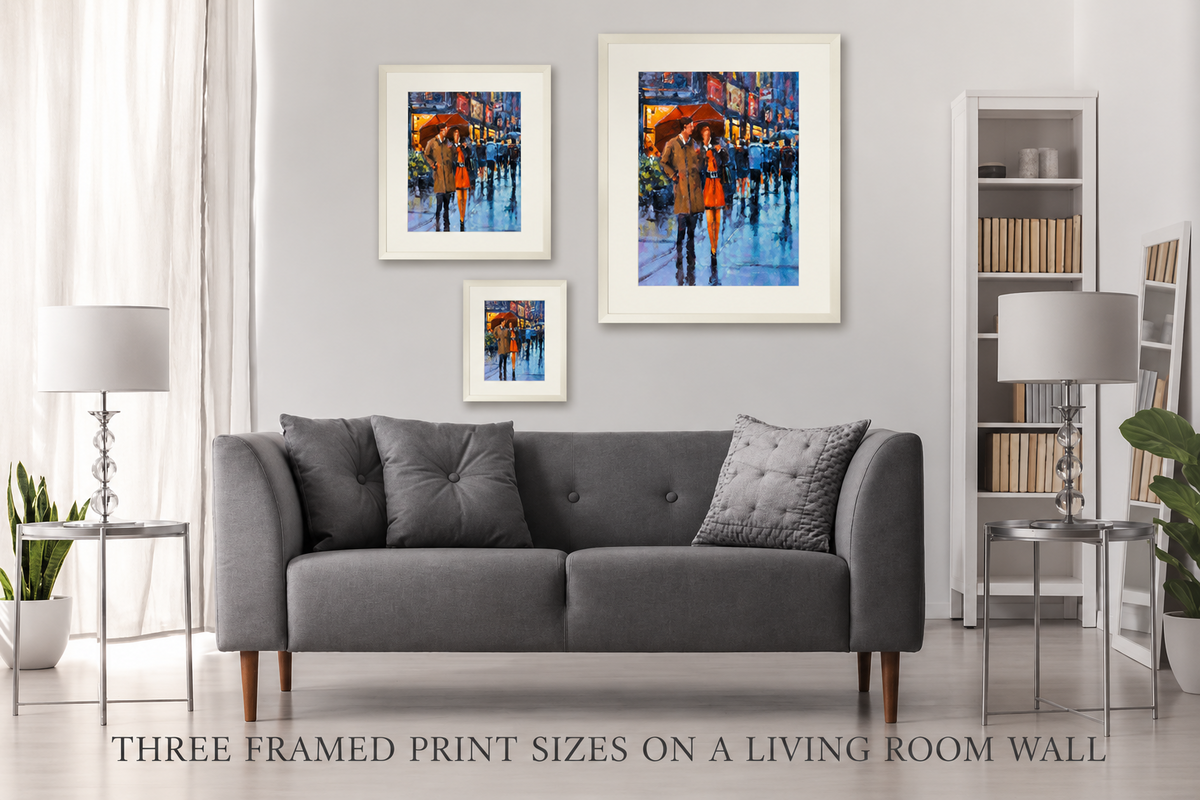 Three framed print sizes of Under One Umbrella, Grafton Street, Dublin on a living room wall