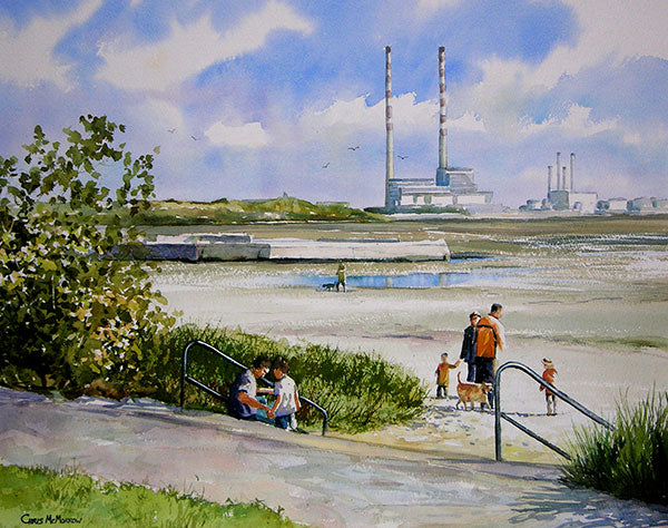 Watercolour painting of a family on the strand at Sandymount Dublin