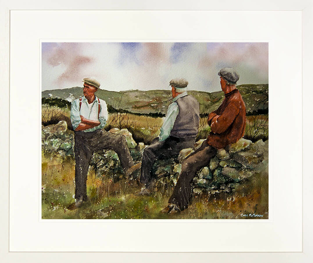 A framed print of a painting of three men beside an old stone wall in the Irish countryside