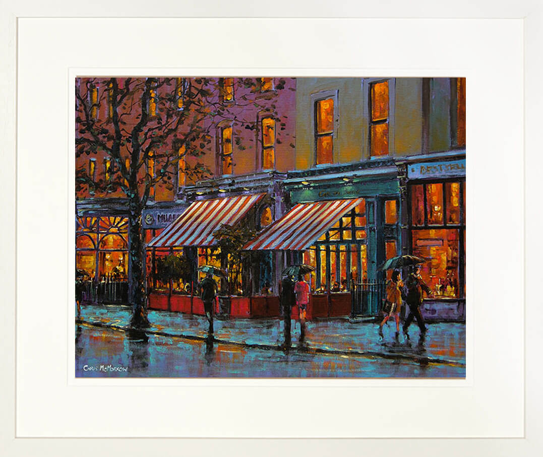 A print in a frame of a painting of the pub Café en seine on Dawson Street, Dublin