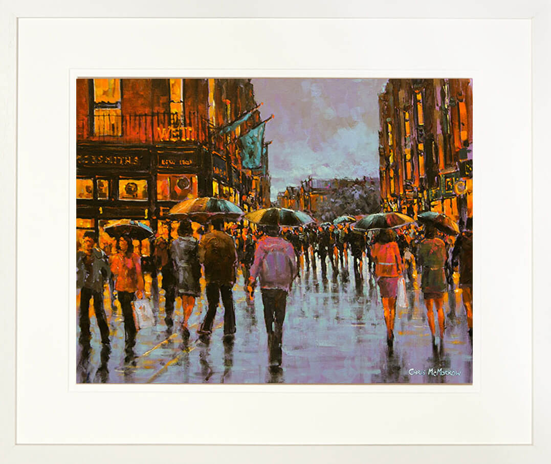 A framed print of a painting called Grafton Blue inspired by Grafton Street, Dublin, Ireland