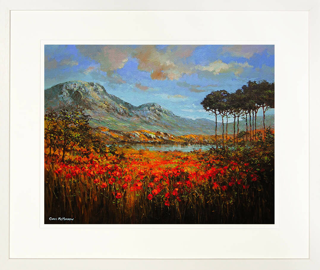 A framed print of a landscape painting of Lough Derryclare in County Galway, Ireland