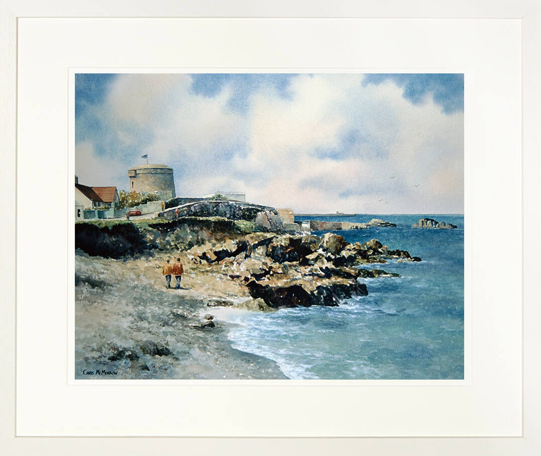 A framed print of a painting of Joyce MArtello Tower in Sandycove, County Dublin