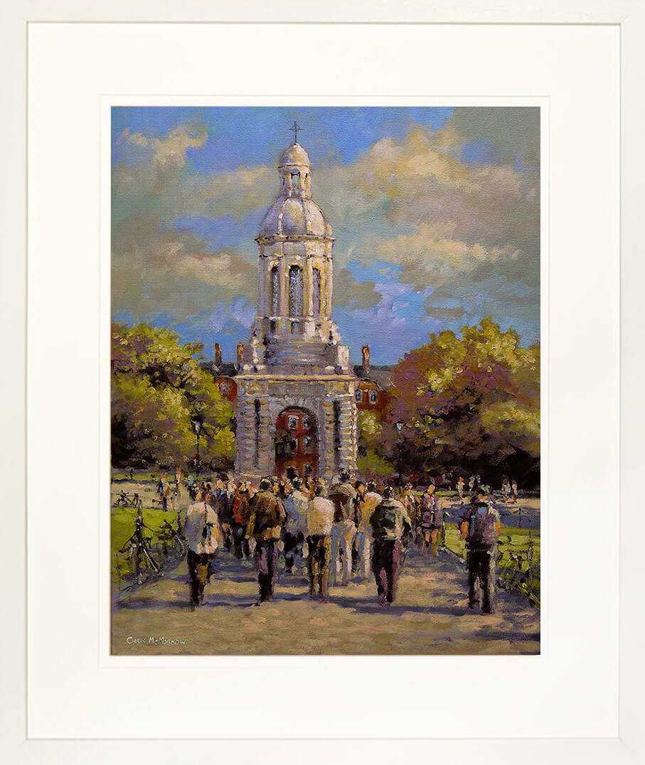 Print of a painting of the Campanile belltower` in the Main Square of Trinity College, Dublin