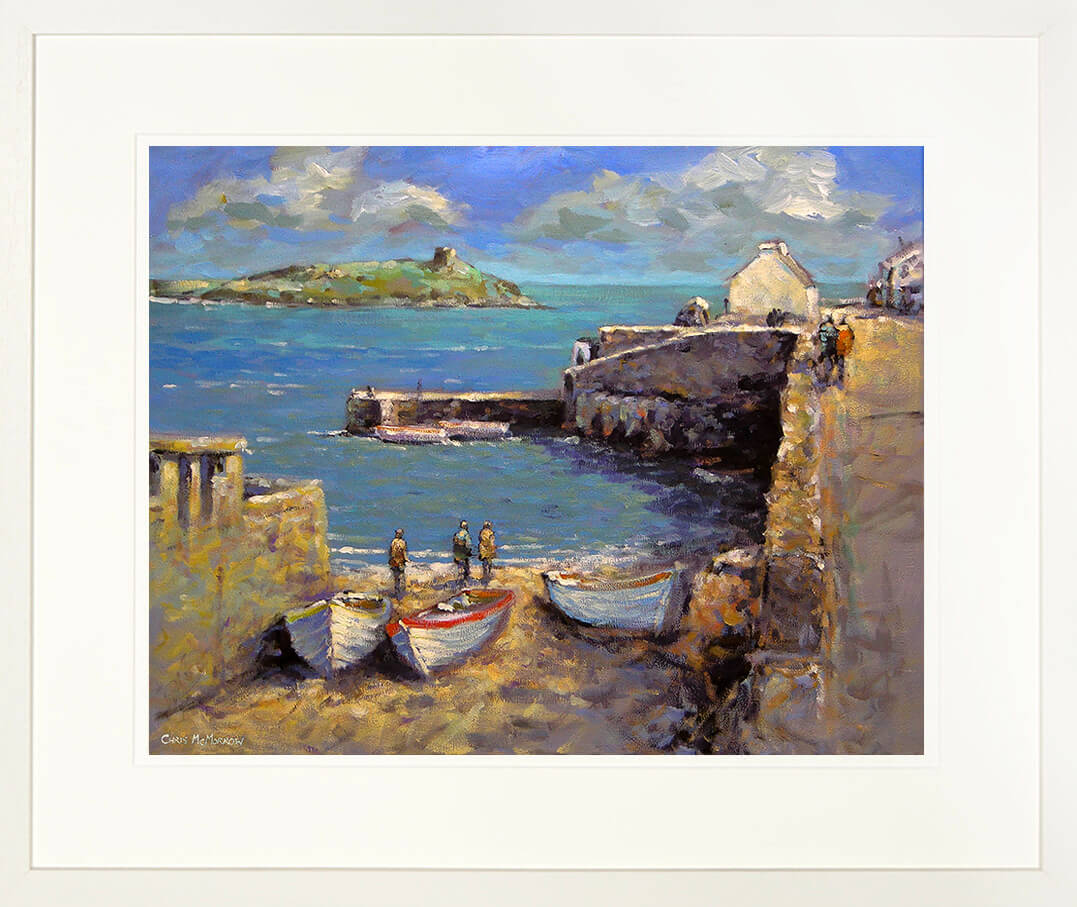 Framed print of a painting of Coliemore Harbour on a sunny day