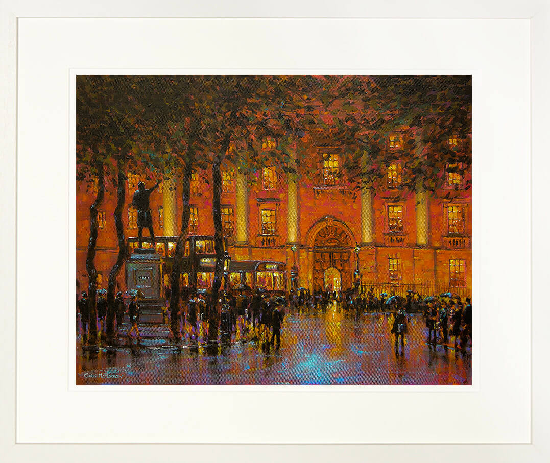 Framed print of a loose styled painting of Trinity College and College Green, Dublin at nighttime