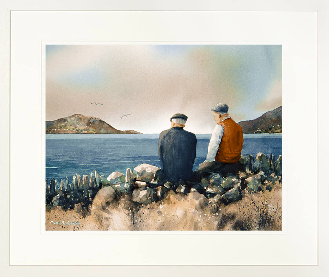 Framed print of two old guys sitting on a wall near the sea talking
