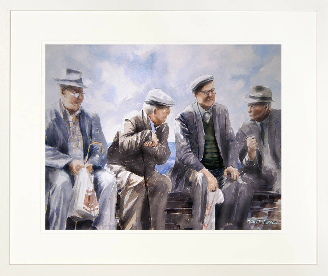 Framed print of a watercolour of four men catching up on the latest gossip