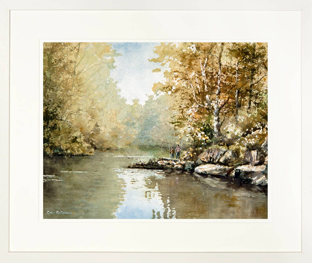 Framed print of a scene with 2 boys at a fishing spot on the banks of the Liffey, Dublin