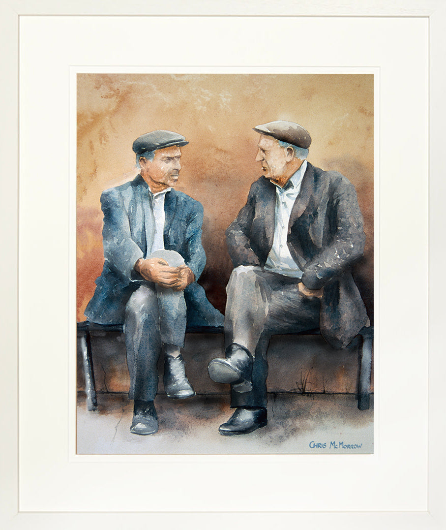 Framed print of a painting of two guys talking together