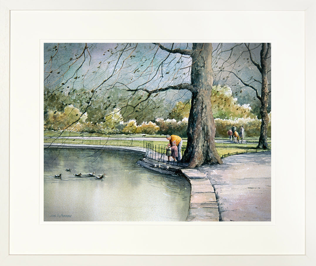 Framed print of a painting of a father and his two kids feeding ducks in St Stephens Green, Dublin