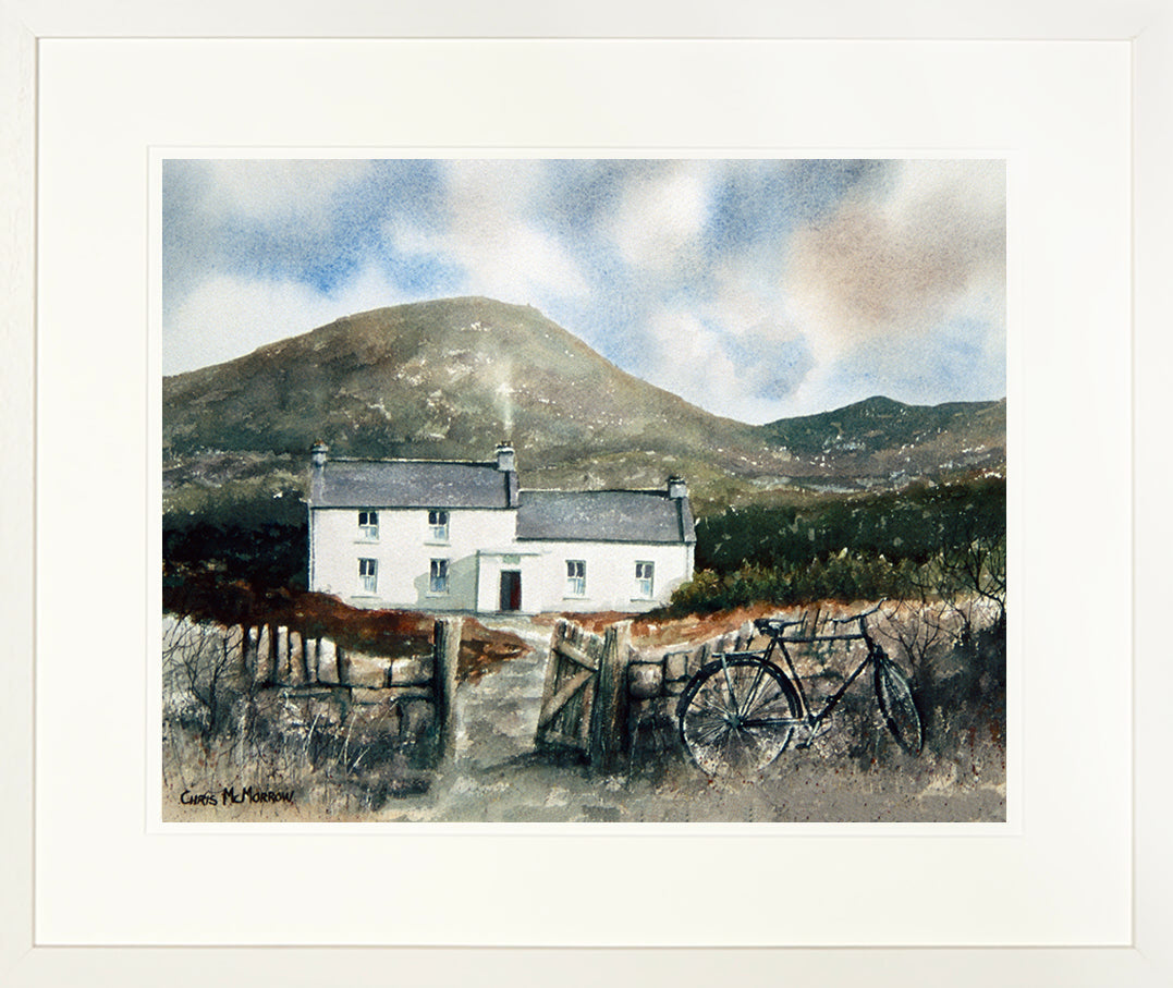 Framed print of a typical Irish Cottage with bicycle outside