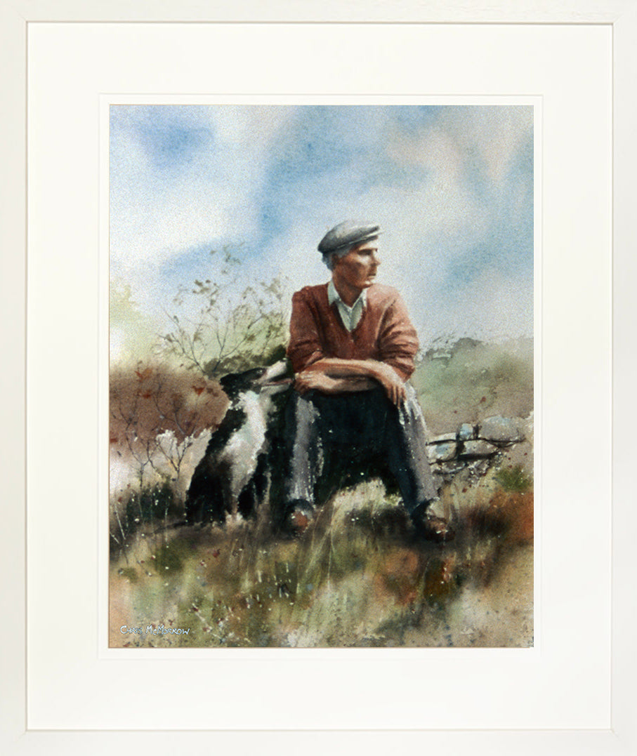 Framed print of a watercolour of a man sitting with his faithful dog