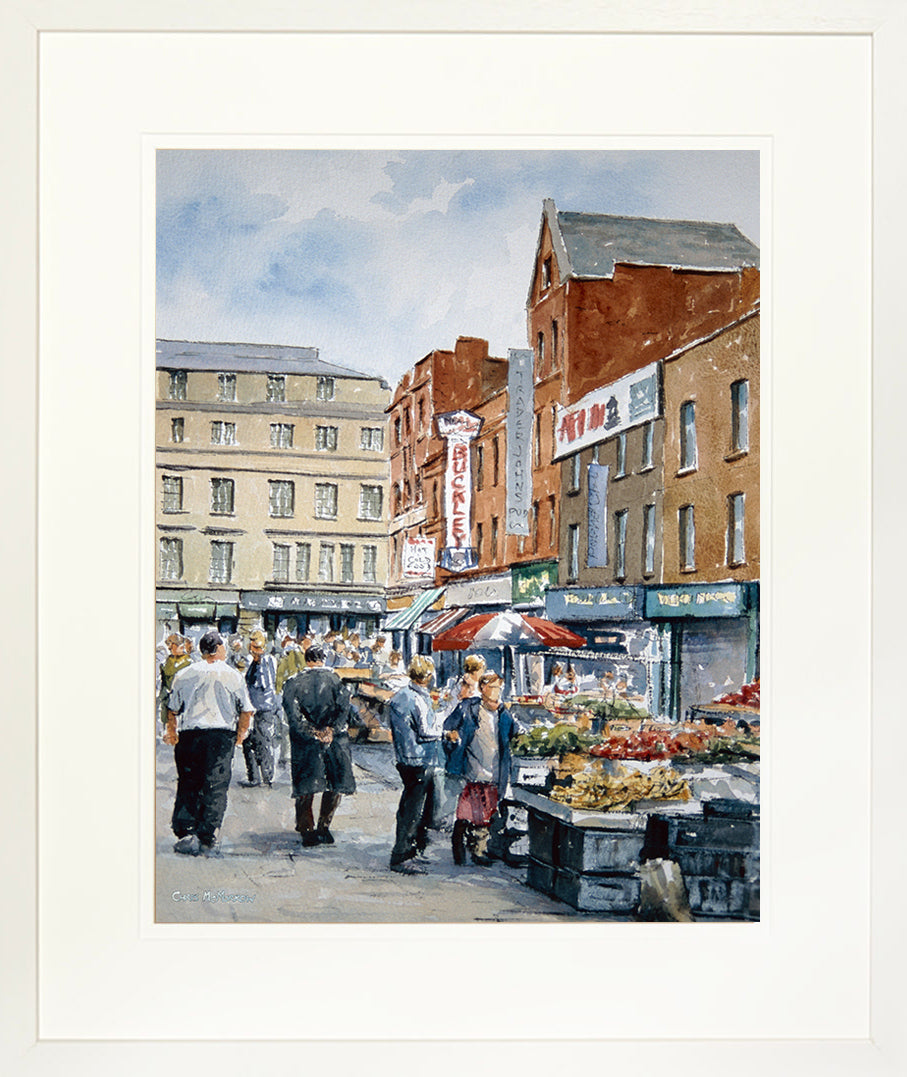 Framed print of a watercolour of Moore Street, Dublin