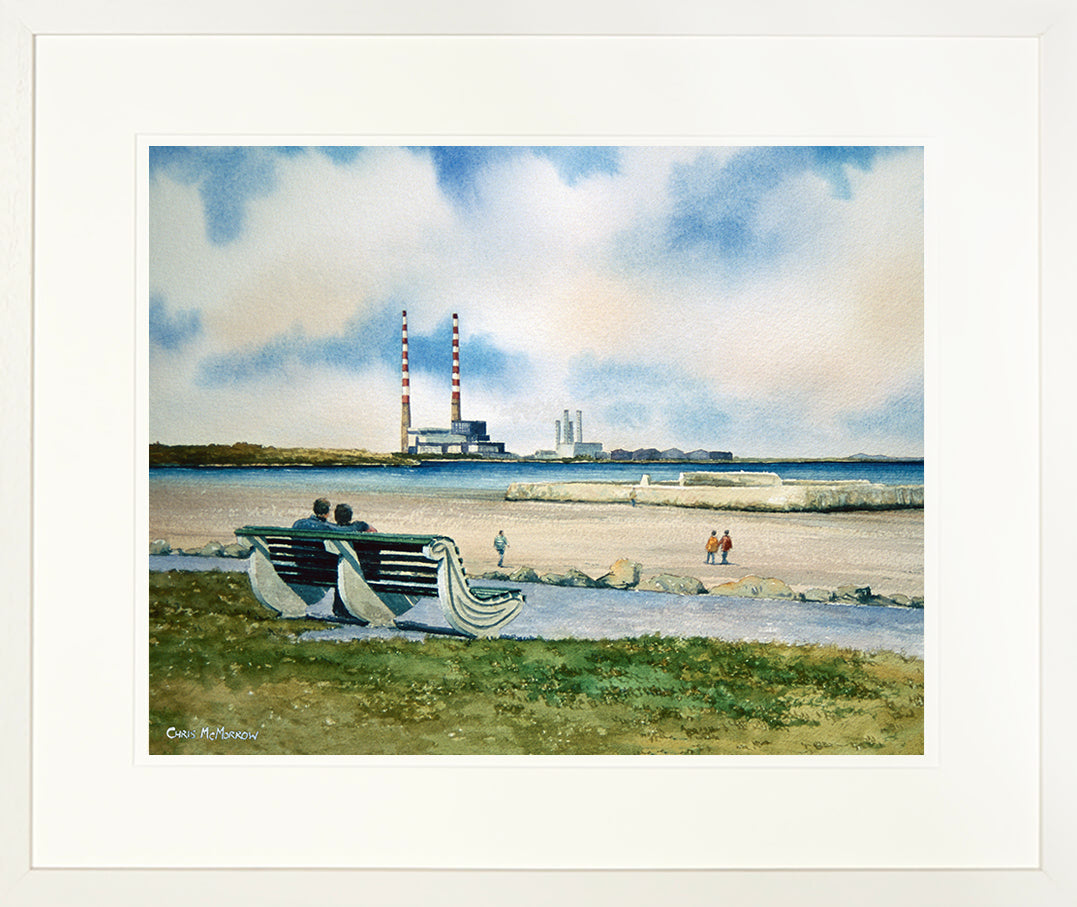 Framed print of a painting of sandymount strand and the ESB chimney stacks