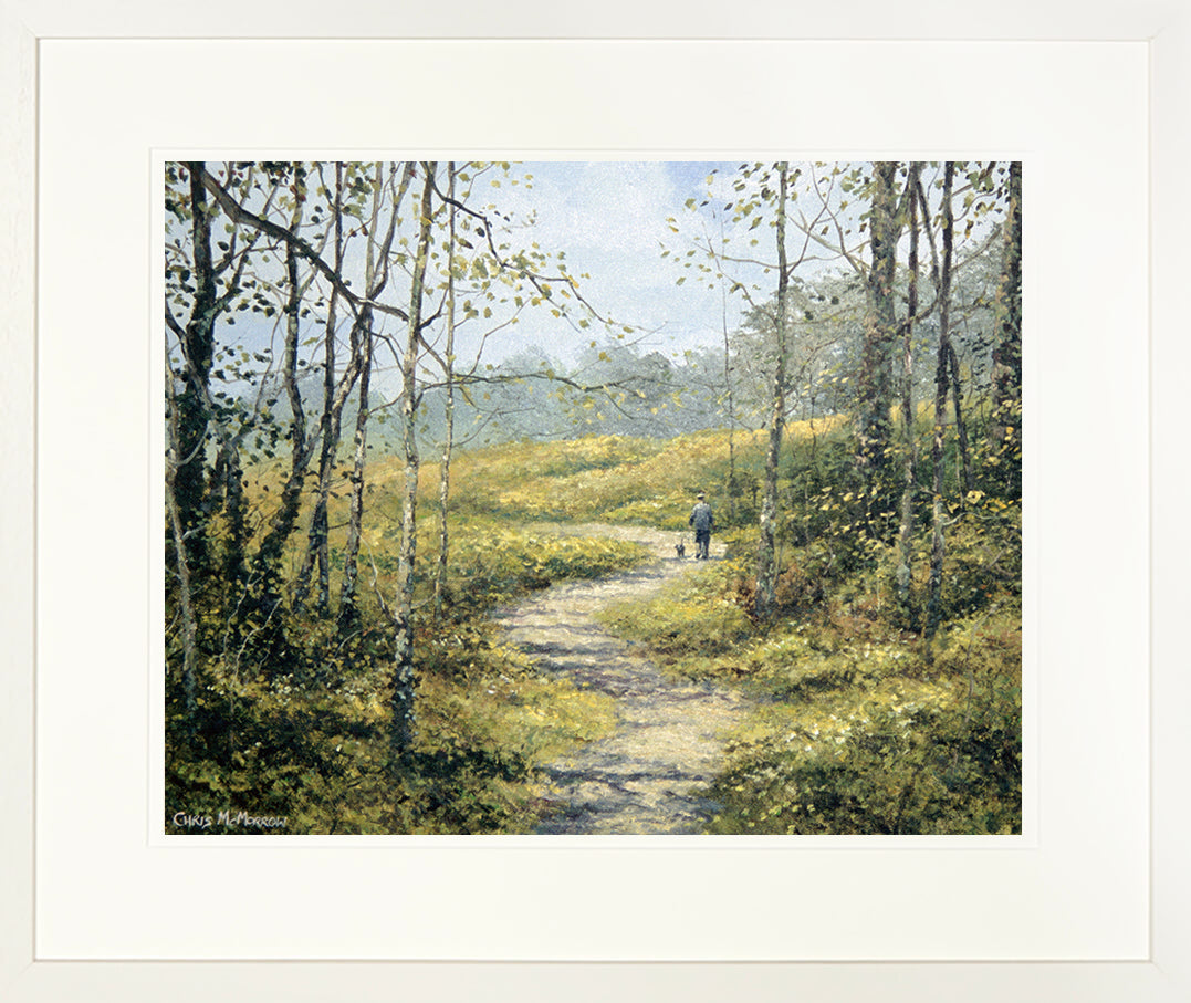 Framed print of an acrylic painting of a man walking with his canine friend