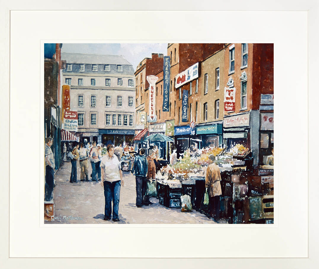 Print of a painting of the Moore Street traders market, Dublin city centre