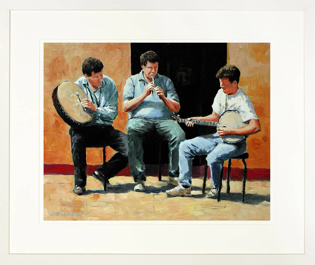 Framed print of traditional Irish musicians playing outside a pub