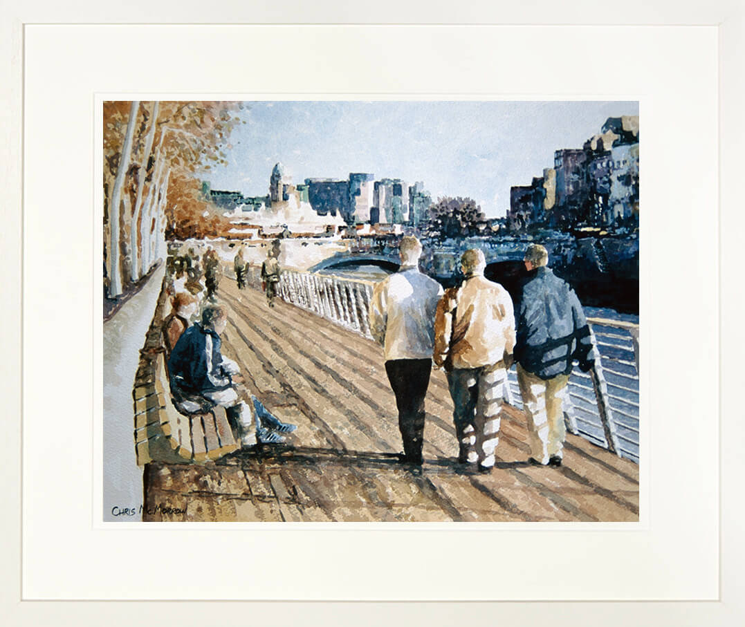 Framed print of a scene of a sunny boardwalk in Dublin city