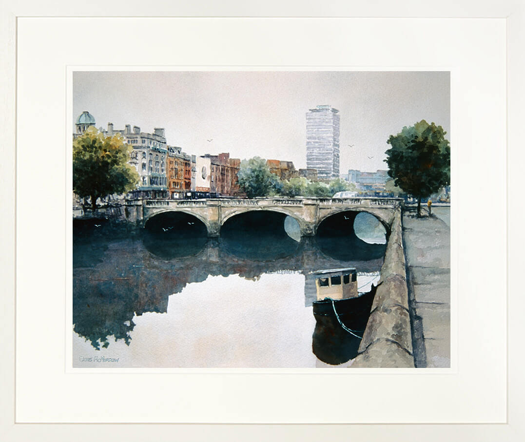 Framed print of a watercolour of a peaceful River Liffey and O&#39;Connell Bridge