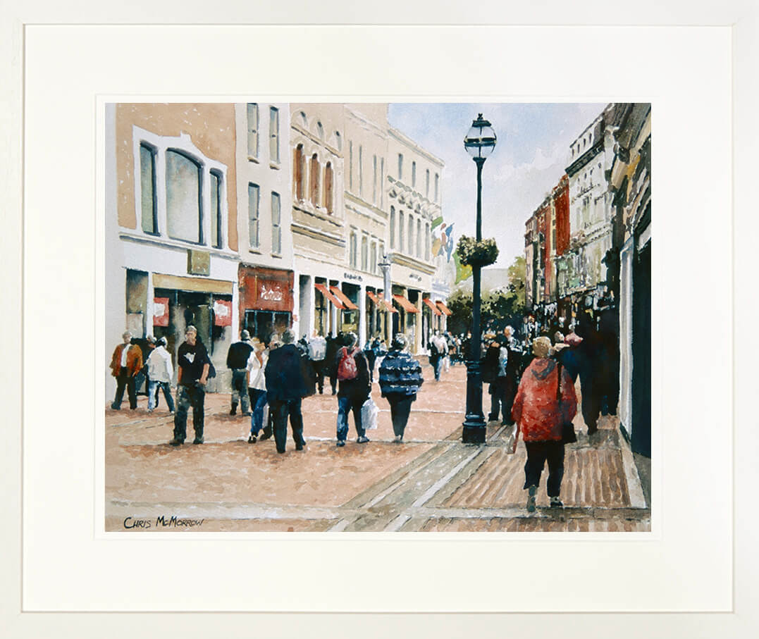 Framed print of a watercolour of Grafton Street on a cool spring day