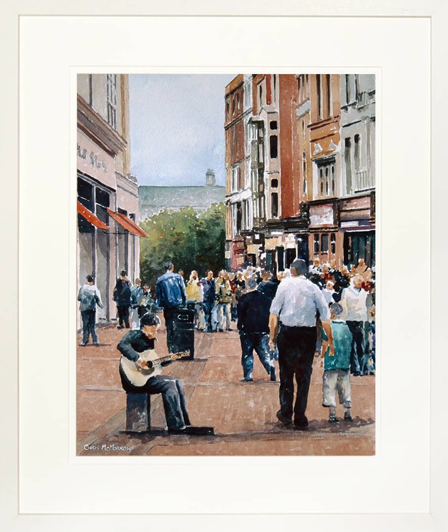 Framed print of a watercolour of a busker guitarist playing on Grafton Street, Dublin