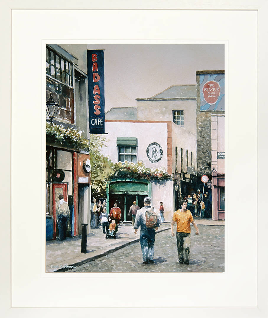 Framed print of a painting of the cobbled streets of Temple Bar, Dublin